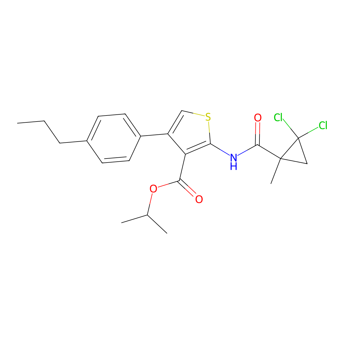 Isopropyl 2-{[(2,2-dichloro-1-methylcyclopropyl)carbonyl]amino}-4-(4-propylphenyl)-3-thiophenecarboxylate molecular structure, CAS 445028-52-4