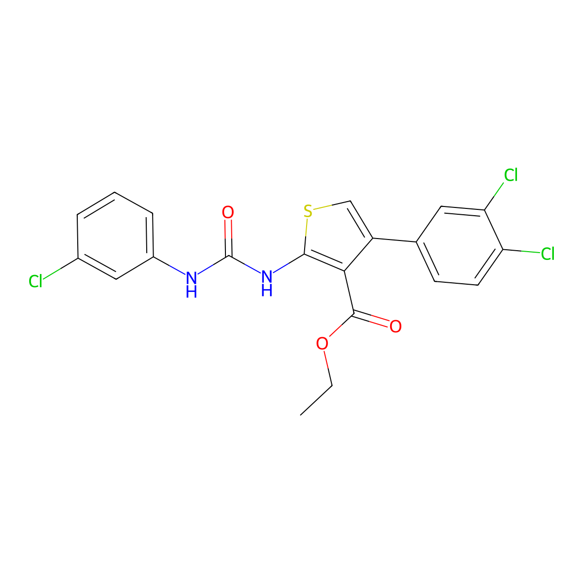 Ethyl 2-[(3-chlorophenyl)carbamoylamino]-4-(3,4-dichlorophenyl)thiophene-3-carboxylate molecular structure, CAS 445029-35-6