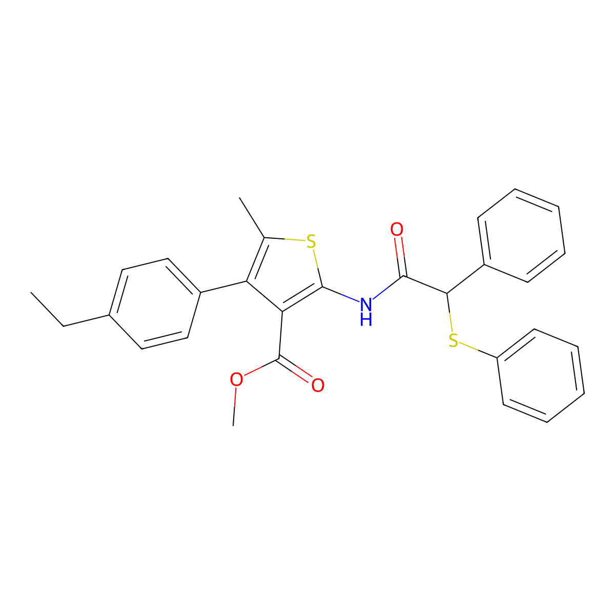 Methyl 4-(4-ethylphenyl)-5-methyl-2-[(2-phenyl-2-phenylsulfanylacetyl)amino]thiophene-3-carboxylate molecular structure, CAS 445029-45-8