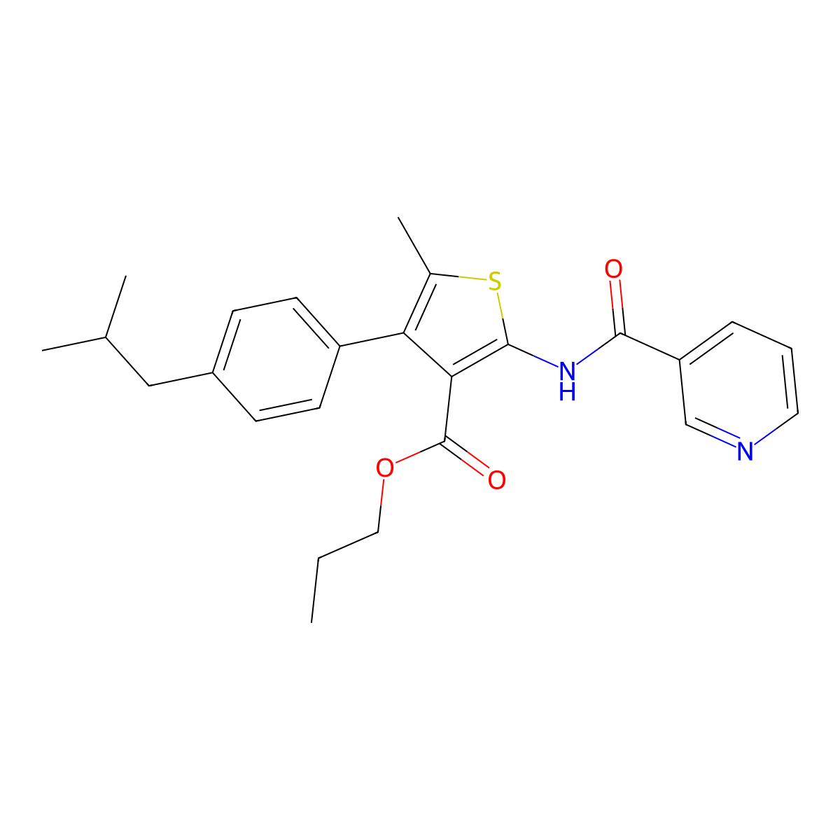 Propyl 5-methyl-4-[4-(2-methylpropyl)phenyl]-2-(pyridine-3-carbonylamino)thiophene-3-carboxylate molecular structure, CAS 445029-46-9