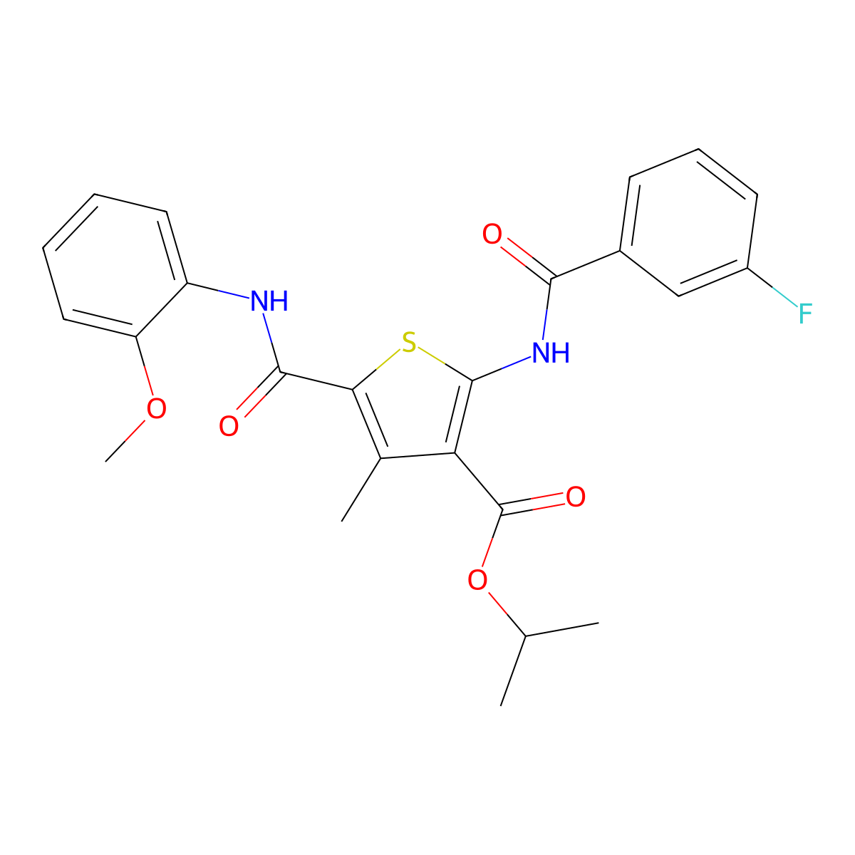Isopropyl 2-[(3-fluorobenzoyl)amino]-5-[(2-methoxyanilino)carbonyl]-4-methyl-3-thiophenecarboxylate molecular structure, CAS 445029-50-5