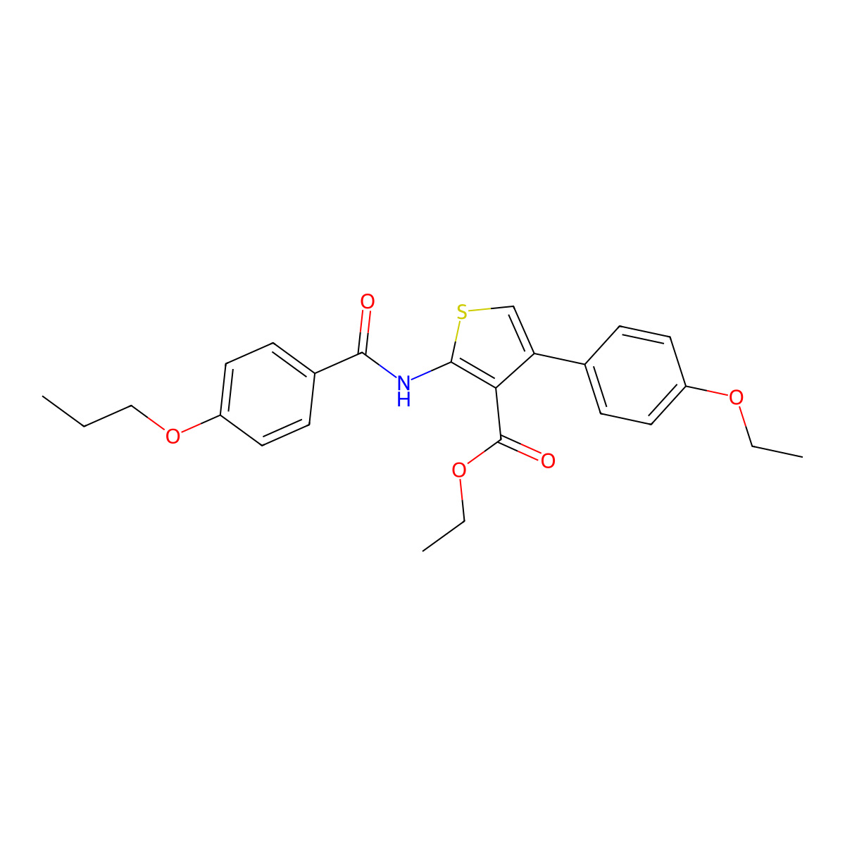 Ethyl 4-(4-ethoxyphenyl)-2-[(4-propoxybenzoyl)amino]-3-thiophenecarboxylate molecular structure, CAS 445029-51-6