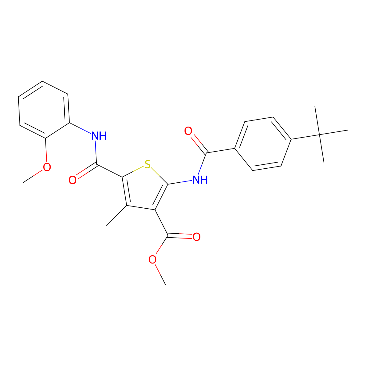 Methyl 2-[(4-tert-butylbenzoyl)amino]-5-[(2-methoxyanilino)carbonyl]-4-methyl-3-thiophenecarboxylate molecular structure, CAS 445029-60-7