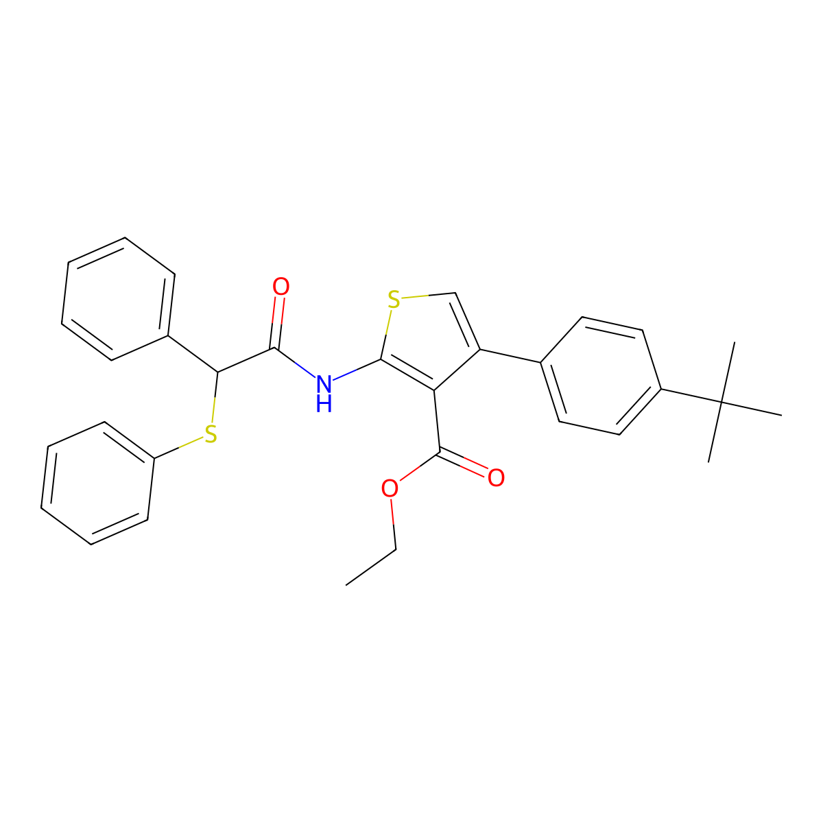 Ethyl 4-(4-tert-butylphenyl)-2-[(2-phenyl-2-phenylsulfanylacetyl)amino]thiophene-3-carboxylate molecular structure, CAS 445029-66-3