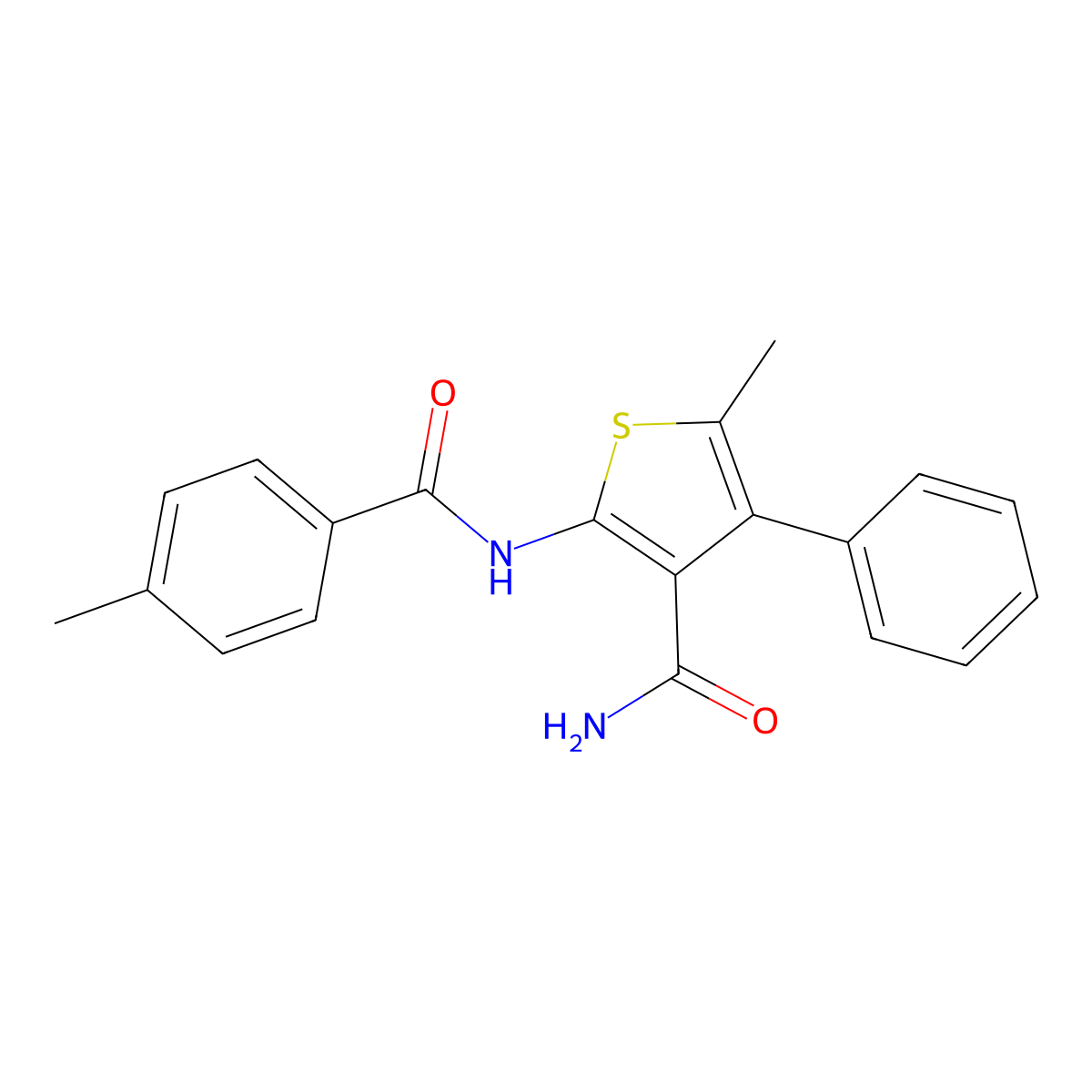 5-Methyl-2-[(4-methylbenzoyl)amino]-4-phenylthiophene-3-carboxamide molecular structure, CAS 445029-70-9