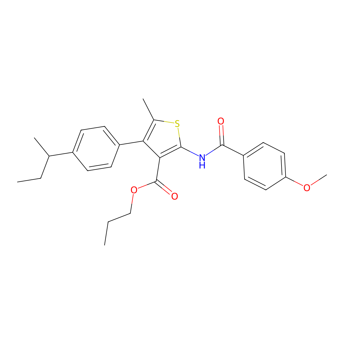 Propyl 4-(4-butan-2-ylphenyl)-2-[(4-methoxybenzoyl)amino]-5-methylthiophene-3-carboxylate molecular structure, CAS 445029-71-0