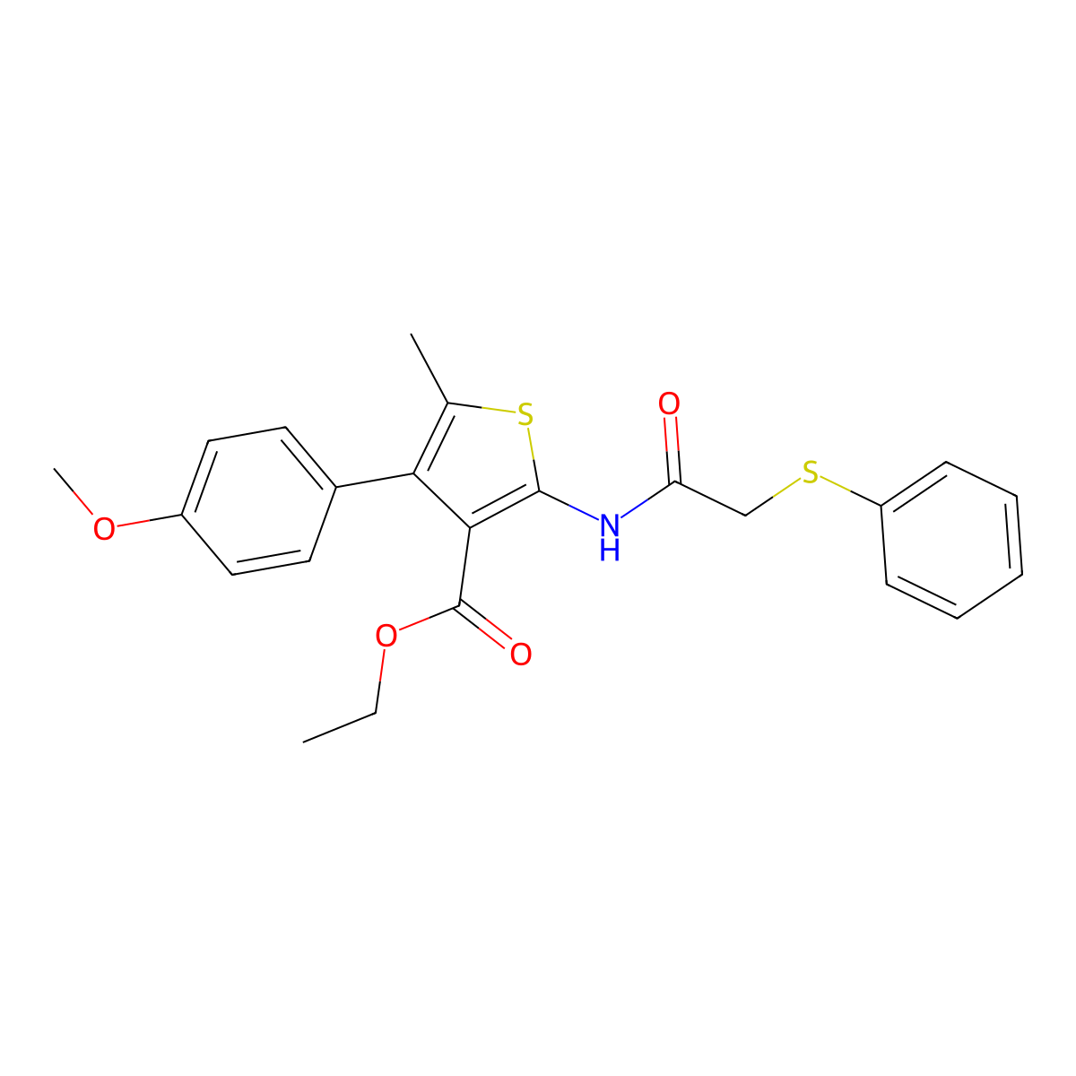 Ethyl 4-(4-methoxyphenyl)-5-methyl-2-{[(phenylsulfanyl)acetyl]amino}-3-thiophenecarboxylate molecular structure, CAS 445029-89-0