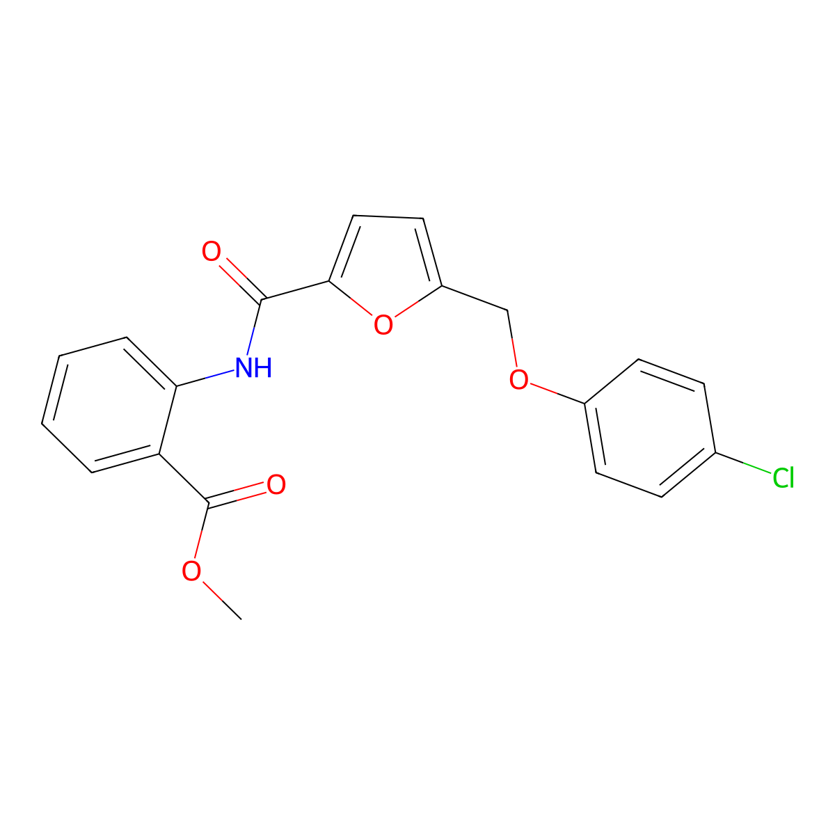 Methyl 2-(5-((4-chlorophenoxy)methyl)furan-2-carboxamido)benzoate molecular structure, CAS 445029-92-5