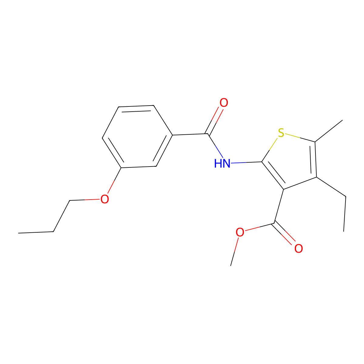 Methyl 4-ethyl-5-methyl-2-[(3-propoxybenzoyl)amino]-3-thiophenecarboxylate molecular structure, CAS 445029-93-6