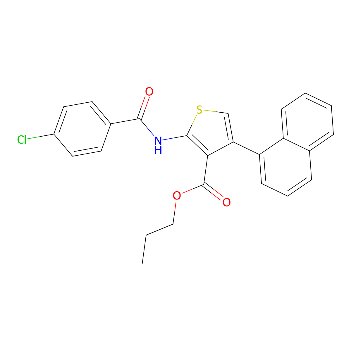 Propyl 2-[(4-chlorobenzoyl)amino]-4-(1-naphthyl)-3-thiophenecarboxylate molecular structure, CAS 445031-19-6