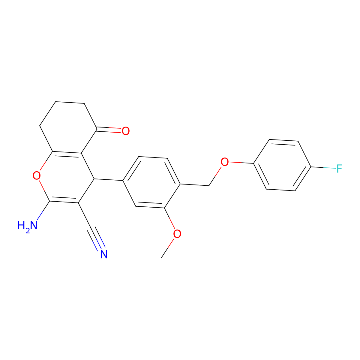 2-Amino-4-[4-[(4-fluorophenoxy)methyl]-3-methoxyphenyl]-5-oxo-4,6,7,8-tetrahydrochromene-3-carbonitrile molecular structure, CAS 445031-43-6