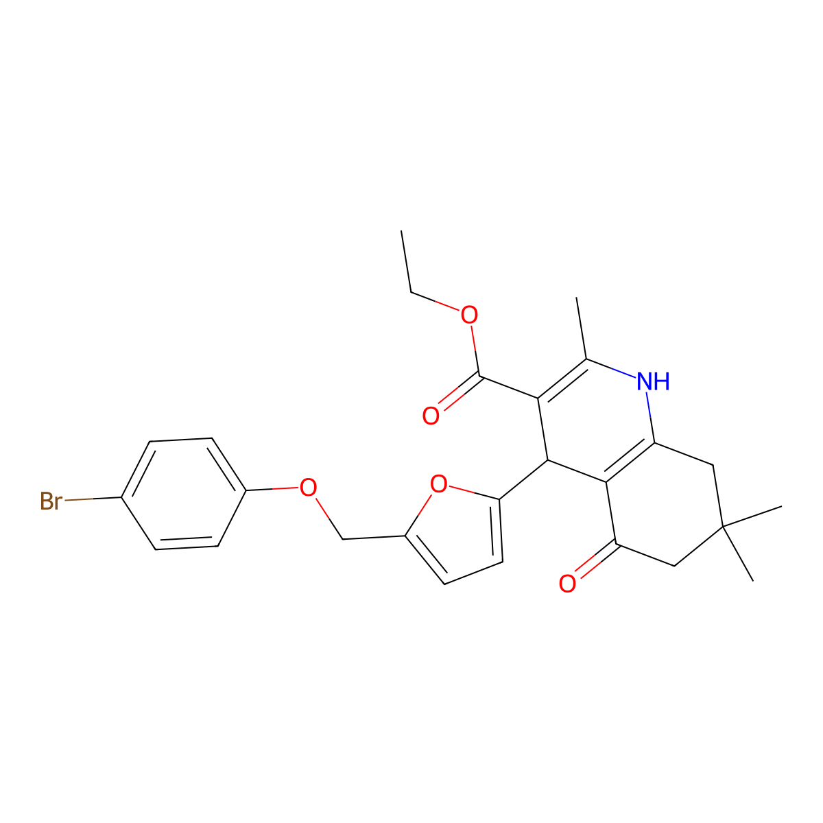 Ethyl 4-{5-[(4-bromophenoxy)methyl]-2-furyl}-2,7,7-trimethyl-5-oxo-1,4,5,6,7,8-hexahydro-3-quinolinecarboxylate molecular structure, CAS 445031-46-9