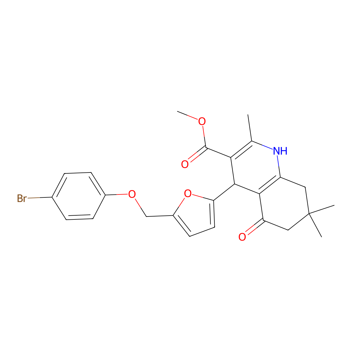 Methyl 4-[5-[(4-bromophenoxy)methyl]furan-2-yl]-2,7,7-trimethyl-5-oxo-1,4,6,8-tetrahydroquinoline-3-carboxylate molecular structure, CAS 445031-53-8