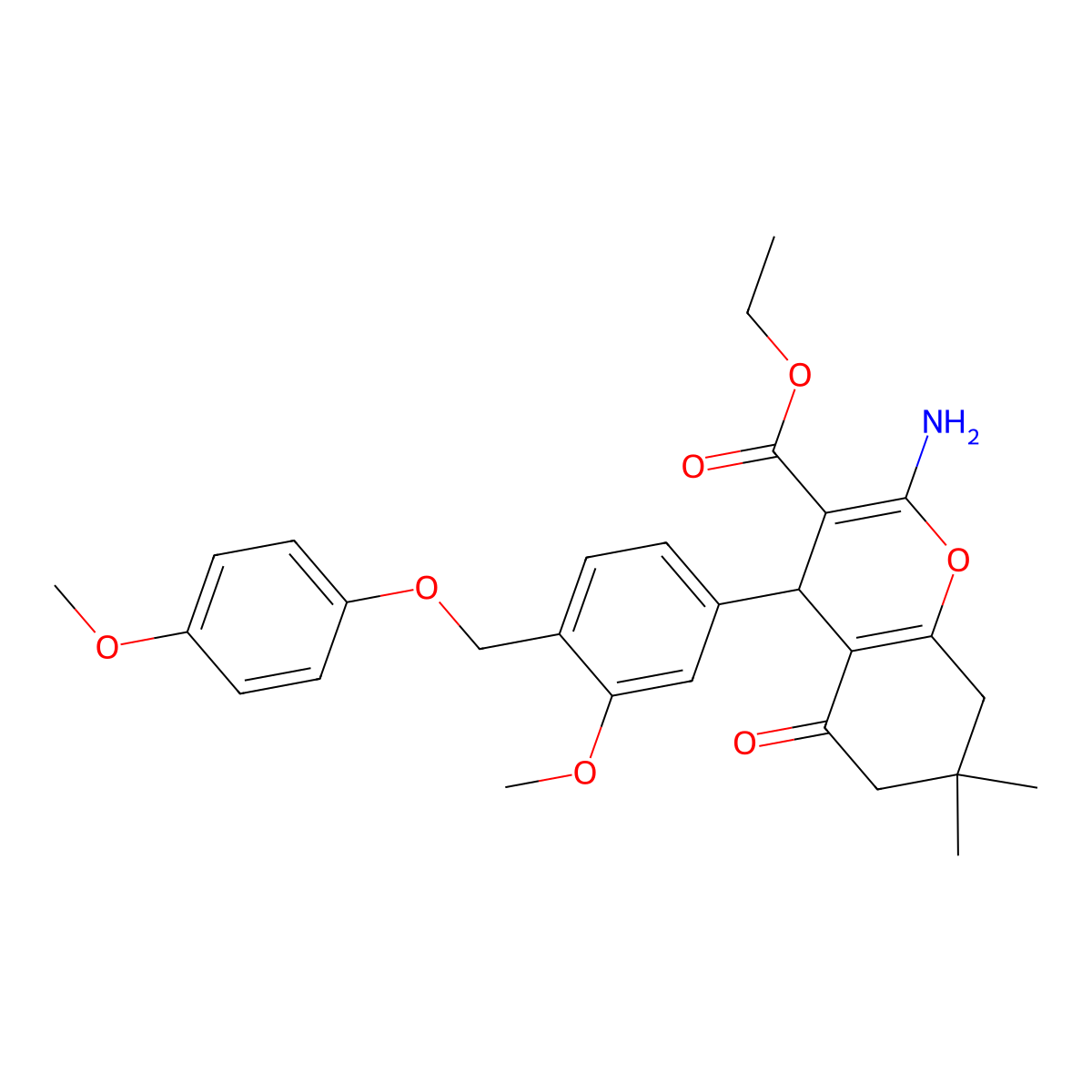 ethyl 2-amino-4-{3-methoxy-4-[(4-methoxyphenoxy)methyl]phenyl}-7,7-dimethyl-5-oxo-5,6,7,8-tetrahydro-4H-chromene-3-carboxylate molecular structure, CAS 445031-54-9