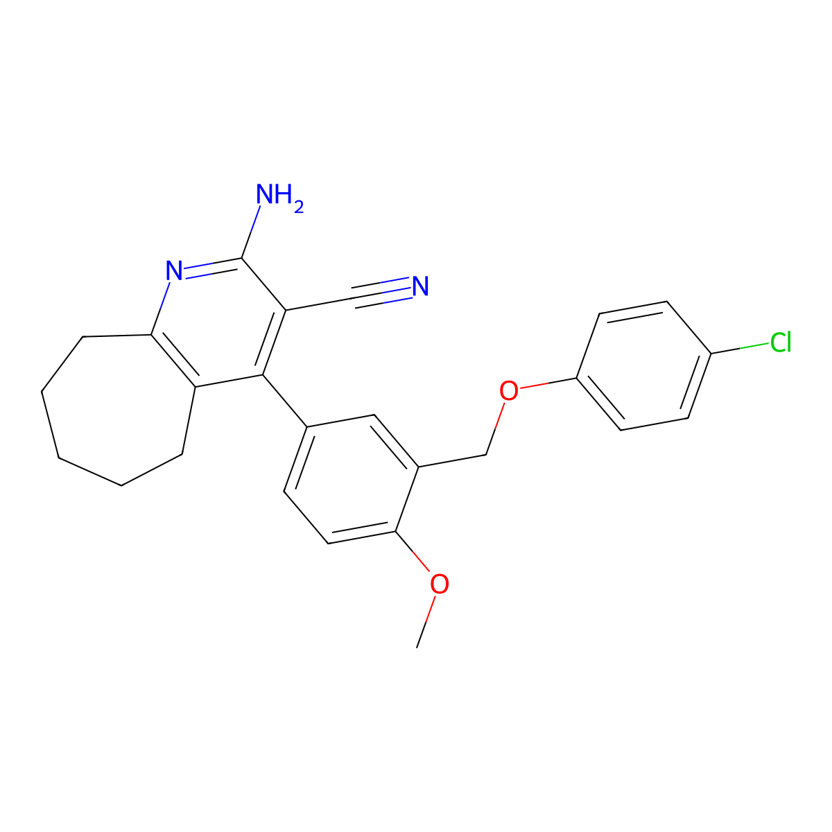 2-amino-4-{3-[(4-chlorophenoxy)methyl]-4-methoxyphenyl}-6,7,8,9-tetrahydro-5H-cyclohepta[b]pyridine-3-carbonitrile molecular structure, CAS 445031-67-4