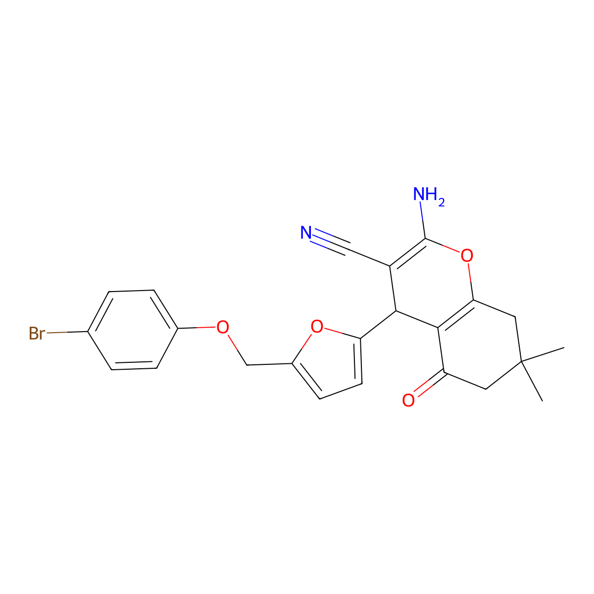 2-amino-4-[5-[(4-bromophenoxy)methyl]furan-2-yl]-7,7-dimethyl-5-oxo-6,8-dihydro-4H-chromene-3-carbonitrile molecular structure, CAS 445031-69-6