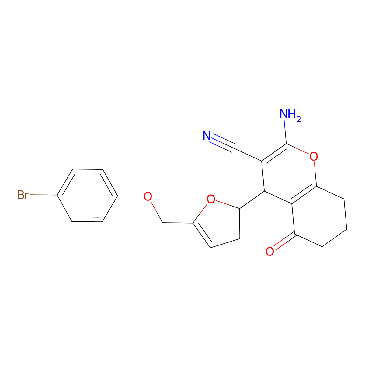 2-Amino-4-[5-[(4-bromophenoxy)methyl]furan-2-yl]-5-oxo-4,6,7,8-tetrahydrochromene-3-carbonitrile molecular structure, CAS 445031-76-5