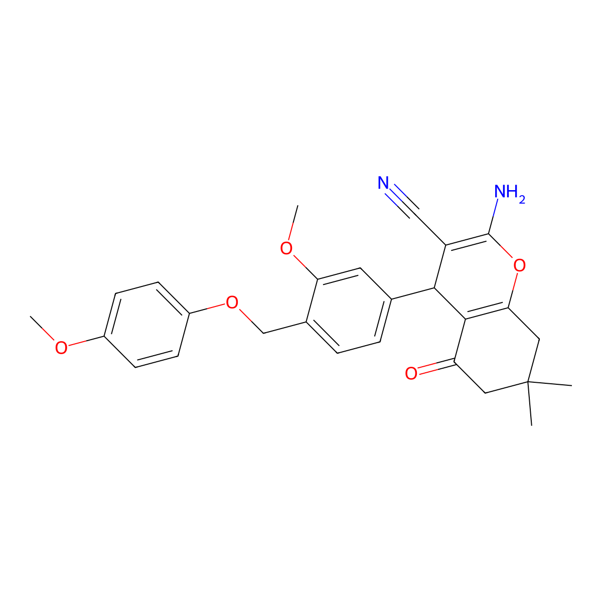 2-amino-4-[3-methoxy-4-[(4-methoxyphenoxy)methyl]phenyl]-7,7-dimethyl-5-oxo-6,8-dihydro-4H-chromene-3-carbonitrile molecular structure, CAS 445031-79-8