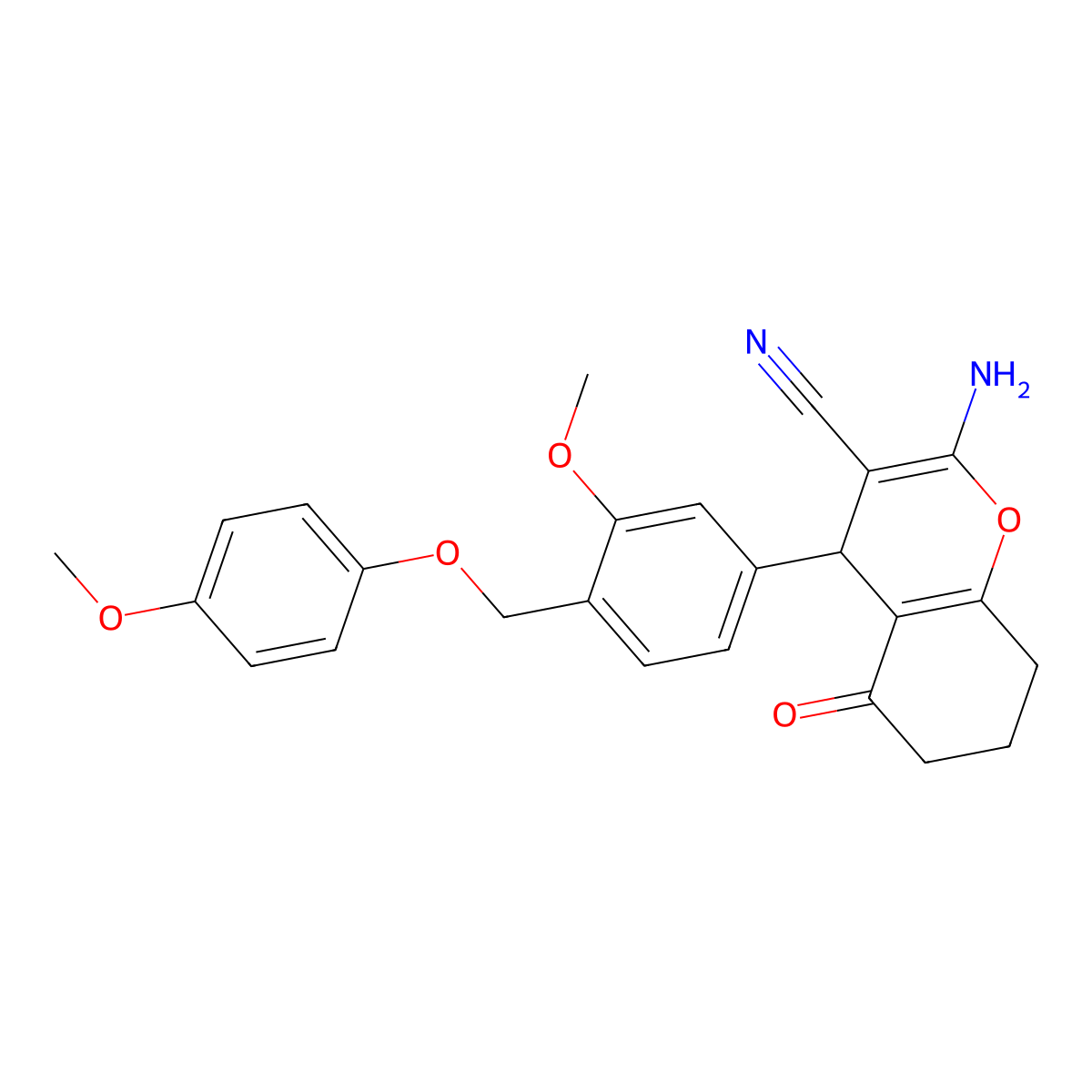 2-Amino-4-[3-methoxy-4-[(4-methoxyphenoxy)methyl]phenyl]-5-oxo-4,6,7,8-tetrahydrochromene-3-carbonitrile molecular structure, CAS 445031-87-8
