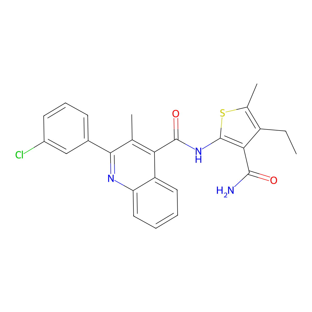 N-(3-carbamoyl-4-ethyl-5-methylthiophen-2-yl)-2-(3-chlorophenyl)-3-methylquinoline-4-carboxamide molecular structure, CAS 445032-29-1