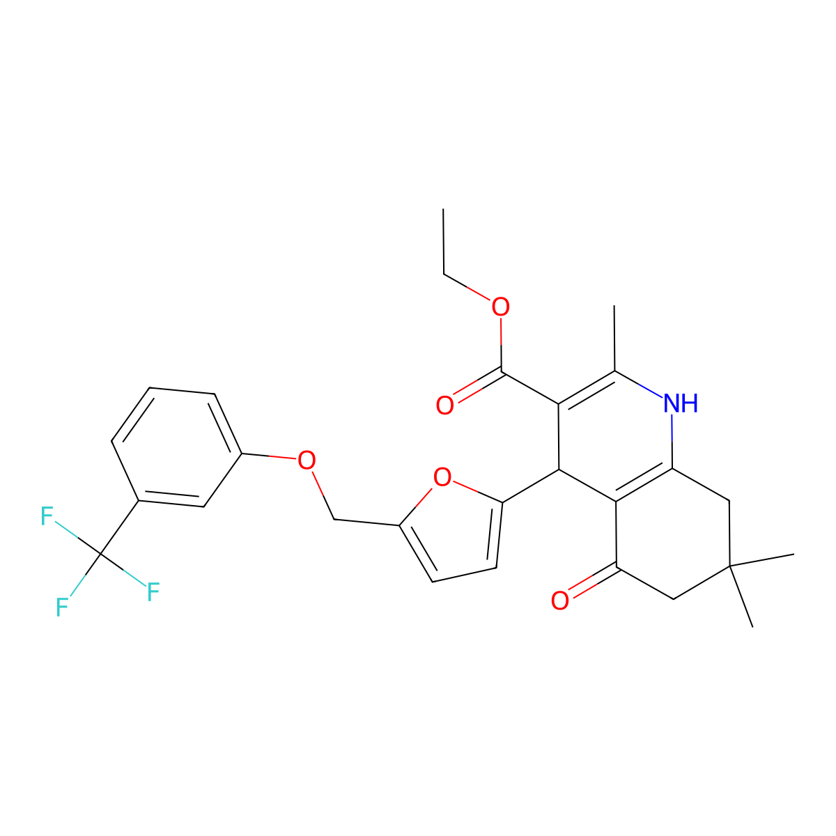 Ethyl 2,7,7-trimethyl-5-oxo-4-[5-[[3-(trifluoromethyl)phenoxy]methyl]furan-2-yl]-1,4,6,8-tetrahydroquinoline-3-carboxylate molecular structure, CAS 445032-60-0