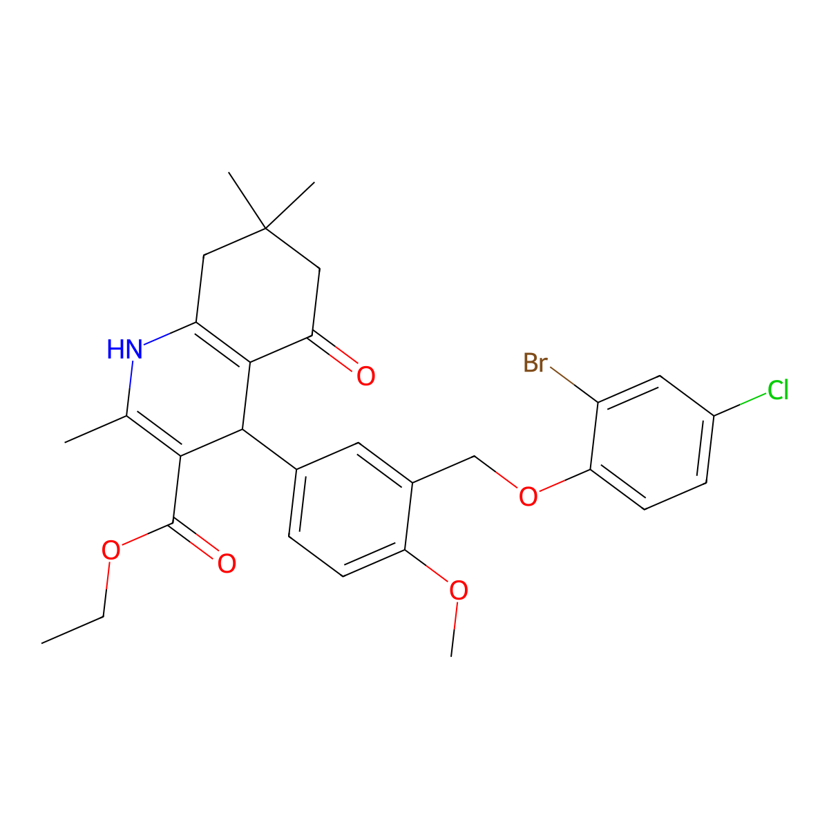 Ethyl 4-{3-[(2-bromo-4-chlorophenoxy)methyl]-4-methoxyphenyl}-2,7,7-trimethyl-5-oxo-1,4,5,6,7,8-hexahydro-3-quinolinecarboxylate molecular structure, CAS 445032-64-4