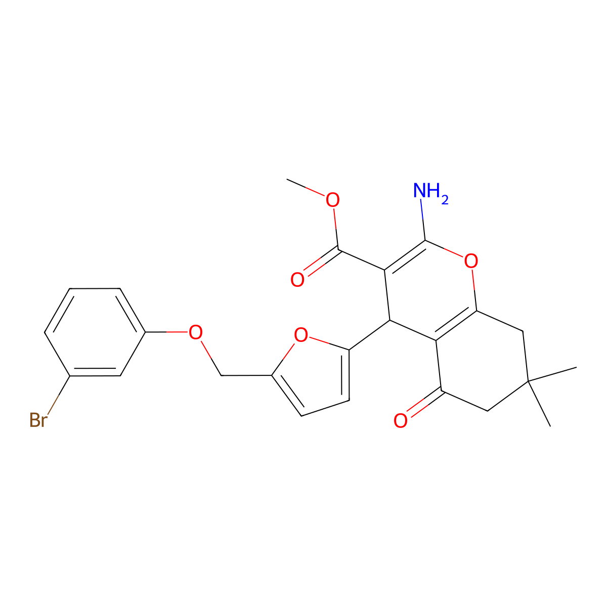 methyl 2-amino-4-[5-[(3-bromophenoxy)methyl]furan-2-yl]-7,7-dimethyl-5-oxo-6,8-dihydro-4H-chromene-3-carboxylate molecular structure, CAS 445032-68-8