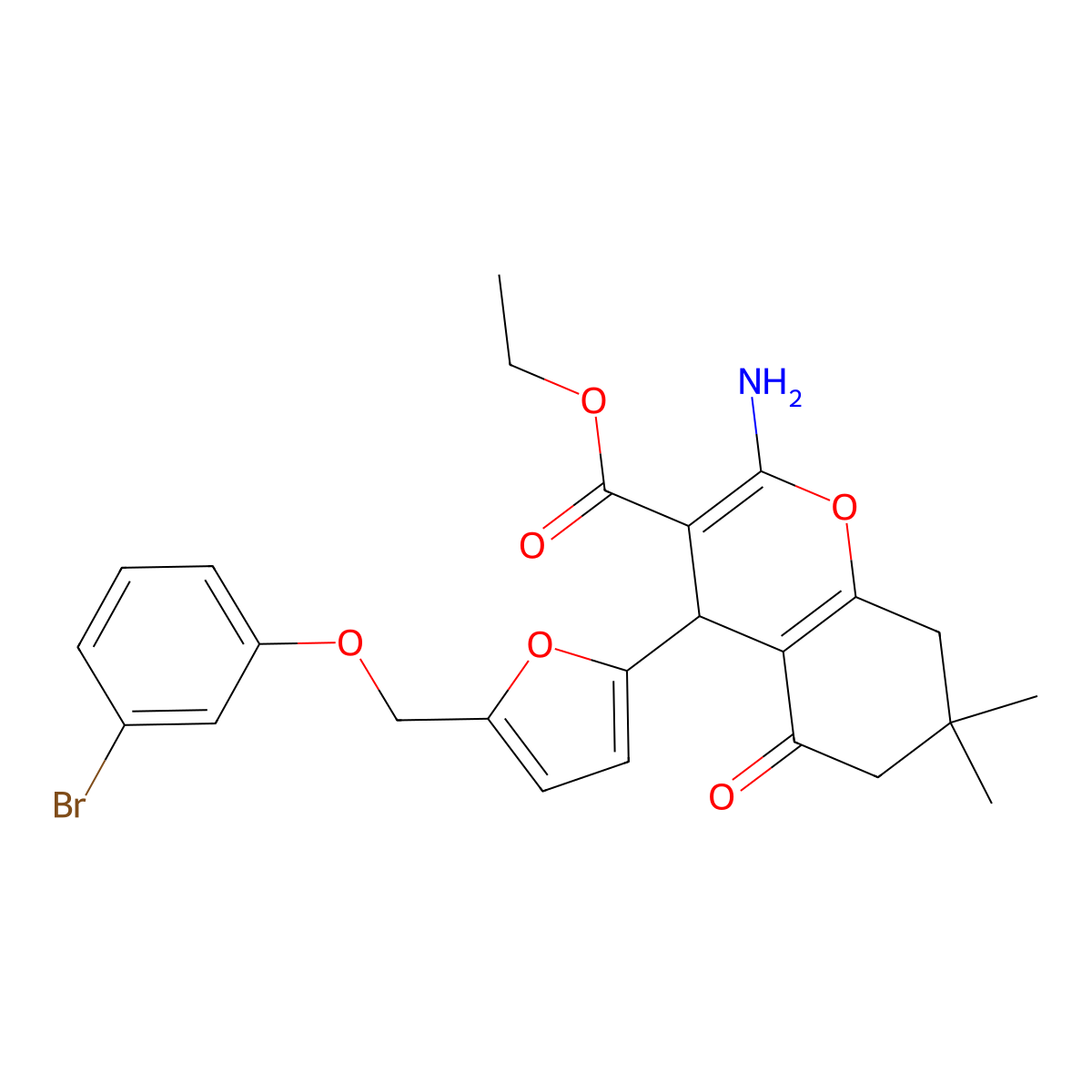 ethyl 2-amino-4-{5-[(3-bromophenoxy)methyl]-2-furyl}-7,7-dimethyl-5-oxo-5,6,7,8-tetrahydro-4H-chromene-3-carboxylate molecular structure, CAS 445032-72-4