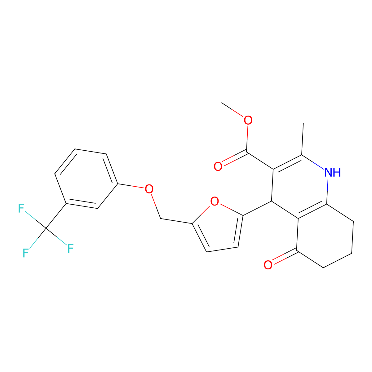 methyl 2-methyl-5-oxo-4-[5-[[3-(trifluoromethyl)phenoxy]methyl]furan-2-yl]-4,6,7,8-tetrahydro-1H-quinoline-3-carboxylate molecular structure, CAS 445032-83-7