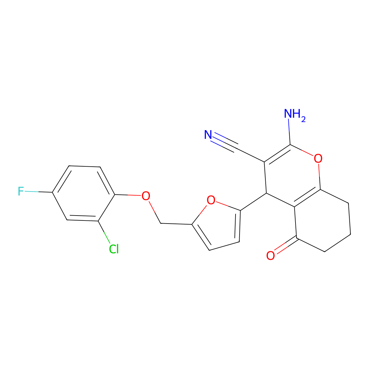 2-amino-4-{5-[(2-chloro-4-fluorophenoxy)methyl]-2-furyl}-5-oxo-5,6,7,8-tetrahydro-4H-chromene-3-carbonitrile molecular structure, CAS 445032-92-8