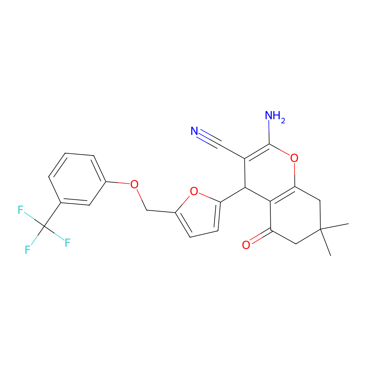 2-amino-7,7-dimethyl-5-oxo-4-[5-[[3-(trifluoromethyl)phenoxy]methyl]furan-2-yl]-6,8-dihydro-4H-chromene-3-carbonitrile molecular structure, CAS 445032-95-1