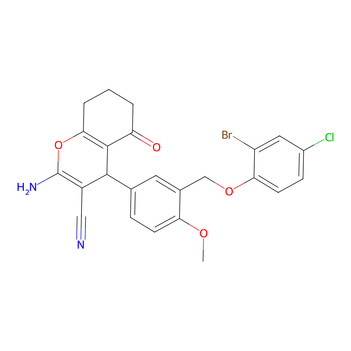 2-Amino-4-[3-[(2-bromo-4-chlorophenoxy)methyl]-4-methoxyphenyl]-5-oxo-4,6,7,8-tetrahydrochromene-3-carbonitrile molecular structure, CAS 445032-97-3