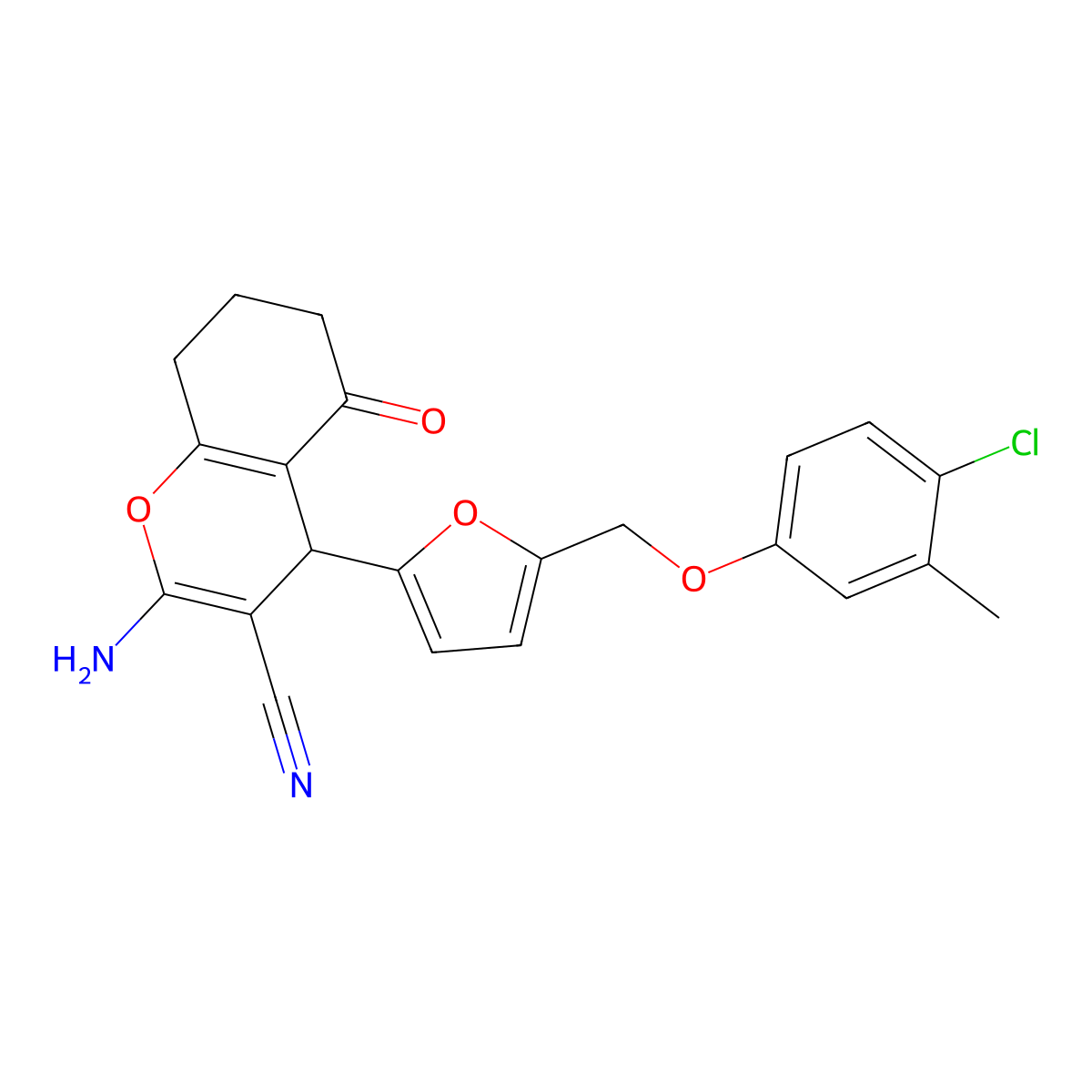 2-Amino-4-[5-[(4-chloro-3-methylphenoxy)methyl]furan-2-yl]-5-oxo-4,6,7,8-tetrahydrochromene-3-carbonitrile molecular structure, CAS 445032-99-5