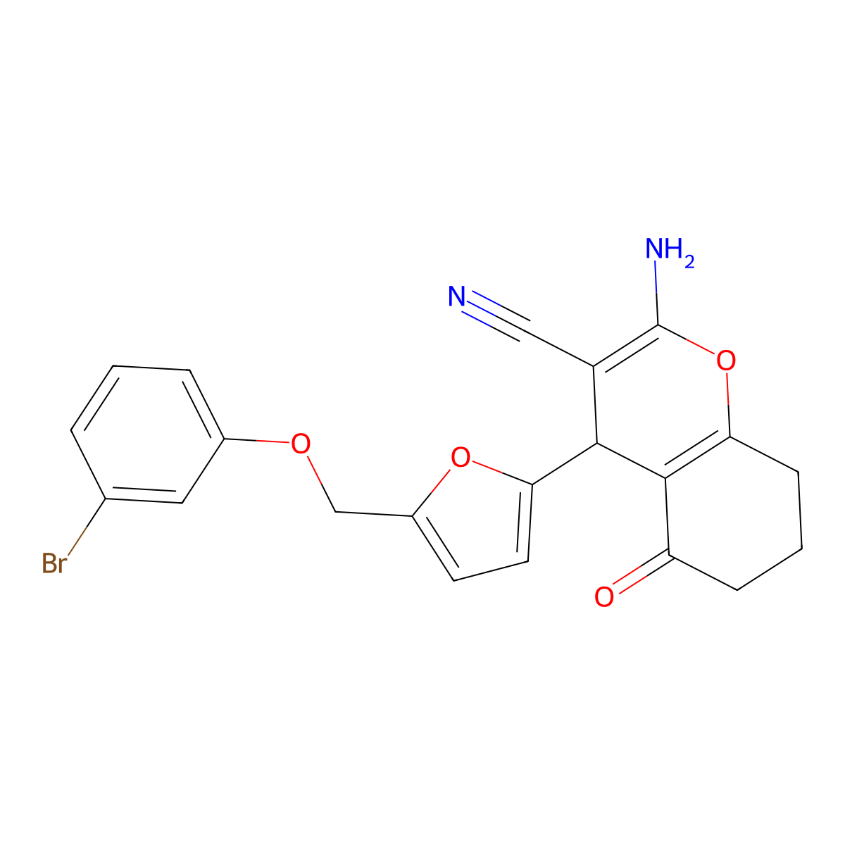 2-Amino-4-[5-[(3-bromophenoxy)methyl]furan-2-yl]-5-oxo-4,6,7,8-tetrahydrochromene-3-carbonitrile molecular structure, CAS 445033-04-5
