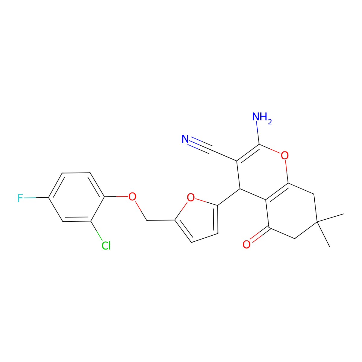 2-amino-4-[5-[(2-chloro-4-fluorophenoxy)methyl]furan-2-yl]-7,7-dimethyl-5-oxo-6,8-dihydro-4H-chromene-3-carbonitrile molecular structure, CAS 445033-05-6