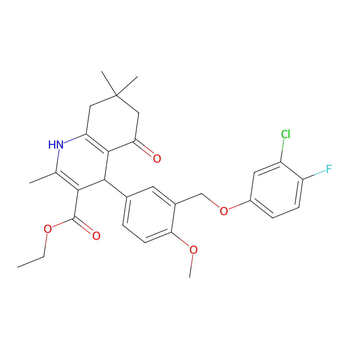 Ethyl 4-{3-[(3-chloro-4-fluorophenoxy)methyl]-4-methoxyphenyl}-2,7,7-trimethyl-5-oxo-1,4,5,6,7,8-hexahydro-3-quinolinecarboxylate molecular structure, CAS 445033-06-7