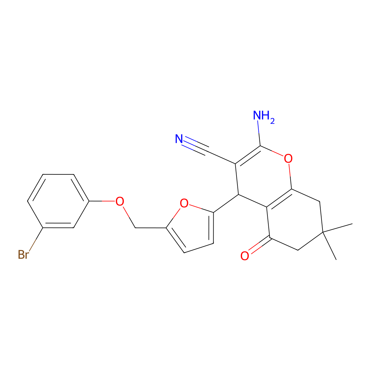 2-amino-4-[5-[(3-bromophenoxy)methyl]furan-2-yl]-7,7-dimethyl-5-oxo-6,8-dihydro-4H-chromene-3-carbonitrile molecular structure, CAS 445033-22-7