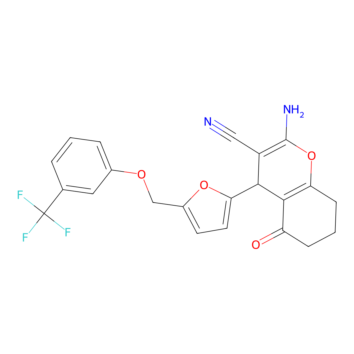 2-Amino-5-oxo-4-[5-[[3-(trifluoromethyl)phenoxy]methyl]furan-2-yl]-4,6,7,8-tetrahydrochromene-3-carbonitrile molecular structure, CAS 445033-38-5
