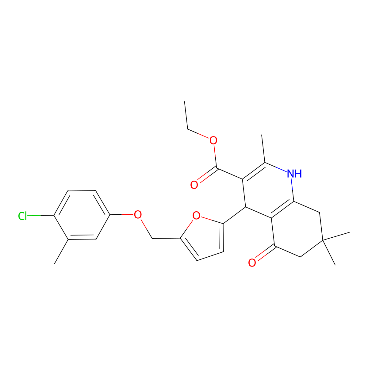 Ethyl 4-{5-[(4-chloro-3-methylphenoxy)methyl]-2-furyl}-2,7,7-trimethyl-5-oxo-1,4,5,6,7,8-hexahydro-3-quinolinecarboxylate molecular structure, CAS 445033-45-4