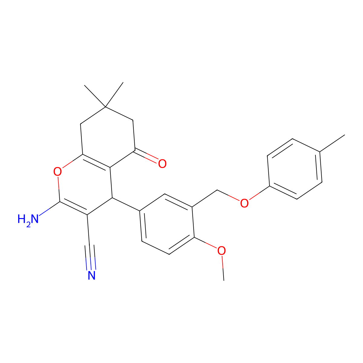 2-amino-4-{4-methoxy-3-[(4-methylphenoxy)methyl]phenyl}-7,7-dimethyl-5-oxo-5,6,7,8-tetrahydro-4H-chromene-3-carbonitrile molecular structure, CAS 445034-23-1