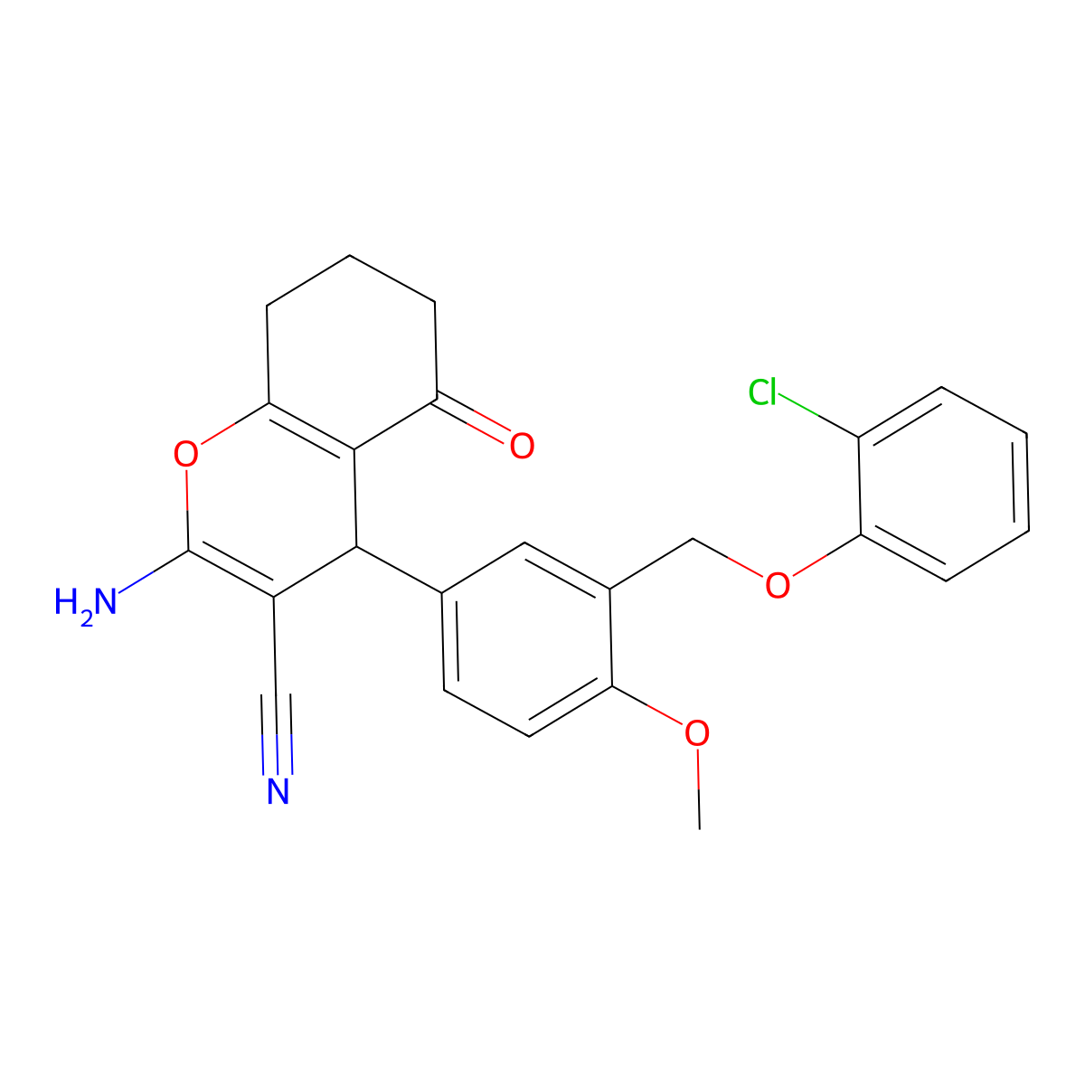 2-amino-4-{3-[(2-chlorophenoxy)methyl]-4-methoxyphenyl}-5-oxo-5,6,7,8-tetrahydro-4H-chromene-3-carbonitrile molecular structure, CAS 445034-40-2