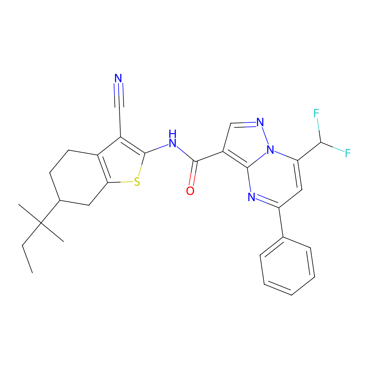 N-[3-cyano-6-(2-methylbutan-2-yl)-4,5,6,7-tetrahydro-1-benzothiophen-2-yl]-7-(difluoromethyl)-5-phenylpyrazolo[1,5-a]pyrimidine-3-carboxamide molecular structure, CAS 445034-89-9