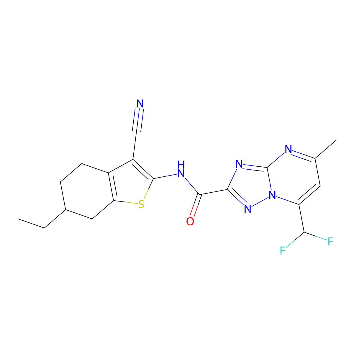 N-(3-cyano-6-ethyl-4,5,6,7-tetrahydro-1-benzothiophen-2-yl)-7-(difluoromethyl)-5-methyl[1,2,4]triazolo[1,5-a]pyrimidine-2-carboxamide molecular structure, CAS 445035-32-5