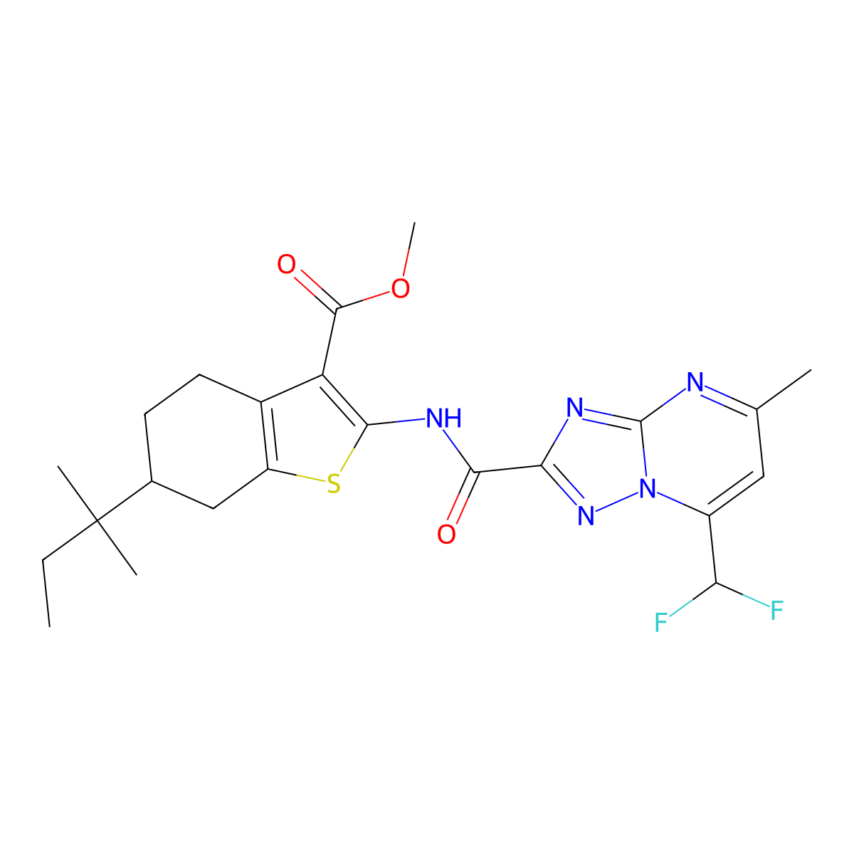 Methyl 2-({[7-(difluoromethyl)-5-methyl[1,2,4]triazolo[1,5-a]pyrimidin-2-yl]carbonyl}amino)-6-tert-pentyl-4,5,6,7-tetrahydro-1-benzothiophene-3-carboxylate molecular structure, CAS 445035-40-5