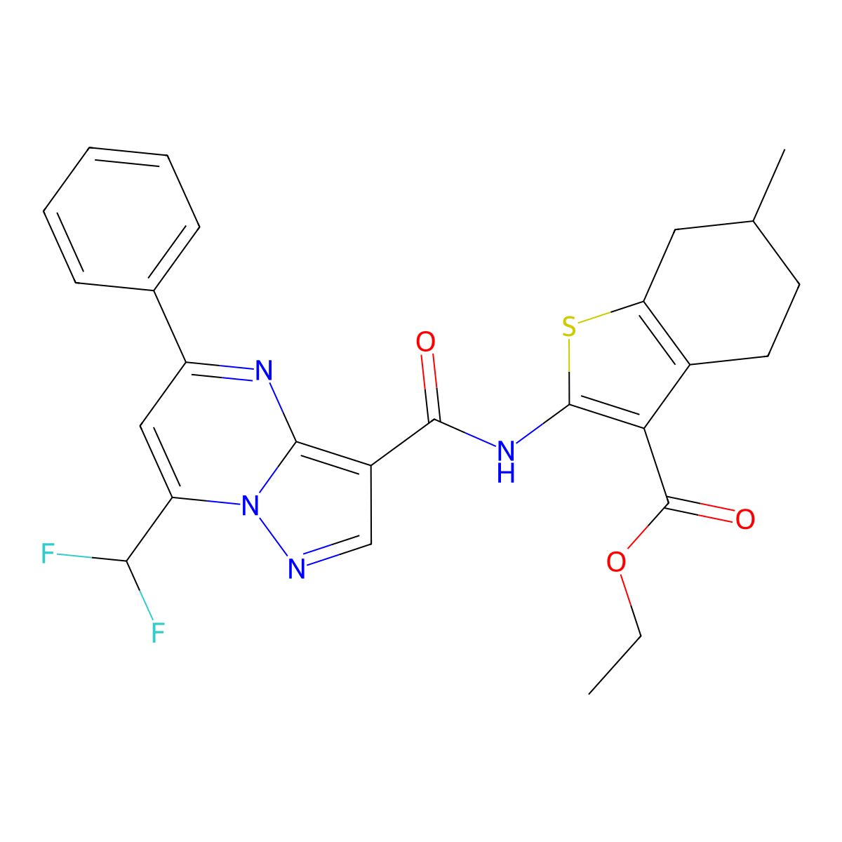 Ethyl 2-({[7-(difluoromethyl)-5-phenylpyrazolo[1,5-a]pyrimidin-3-yl]carbonyl}amino)-6-methyl-4,5,6,7-tetrahydro-1-benzothiophene-3-carboxylate molecular structure, CAS 445035-47-2