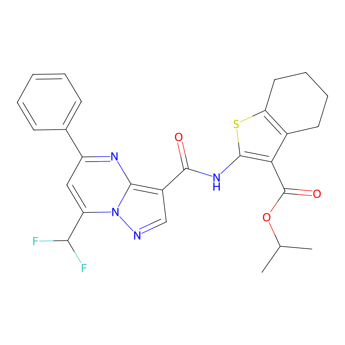 Isopropyl 2-({[7-(difluoromethyl)-5-phenylpyrazolo[1,5-a]pyrimidin-3-yl]carbonyl}amino)-4,5,6,7-tetrahydro-1-benzothiophene-3-carboxylate molecular structure, CAS 445035-56-3