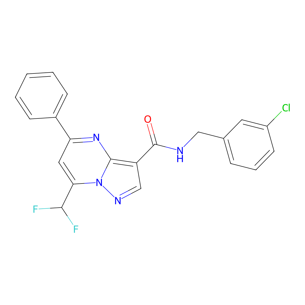 N-(3-chlorobenzyl)-7-(difluoromethyl)-5-phenylpyrazolo[1,5-a]pyrimidine-3-carboxamide molecular structure, CAS 445035-75-6