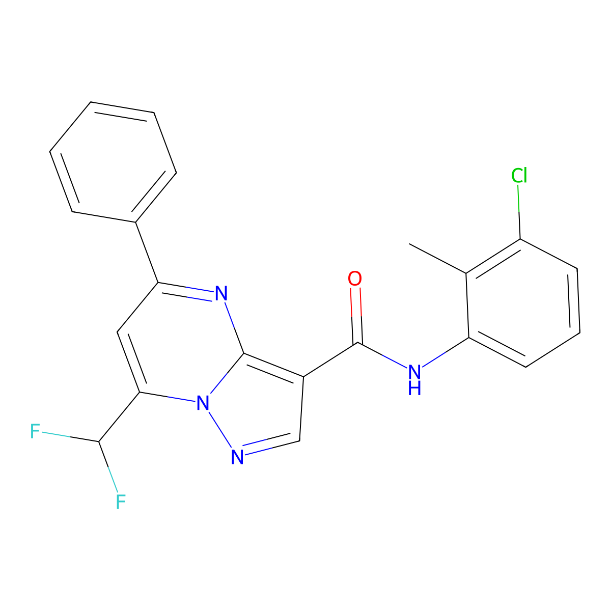 N-(3-chloro-2-methylphenyl)-7-(difluoromethyl)-5-phenylpyrazolo[1,5-a]pyrimidine-3-carboxamide molecular structure, CAS 445035-87-0