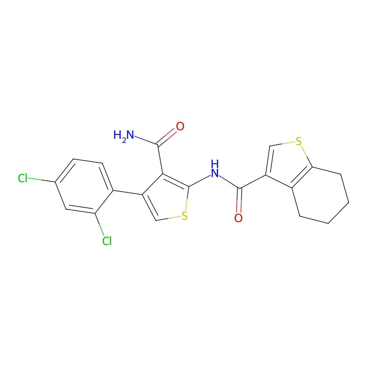 N-[3-carbamoyl-4-(2,4-dichlorophenyl)thiophen-2-yl]-4,5,6,7-tetrahydro-1-benzothiophene-3-carboxamide molecular structure, CAS 445036-27-1