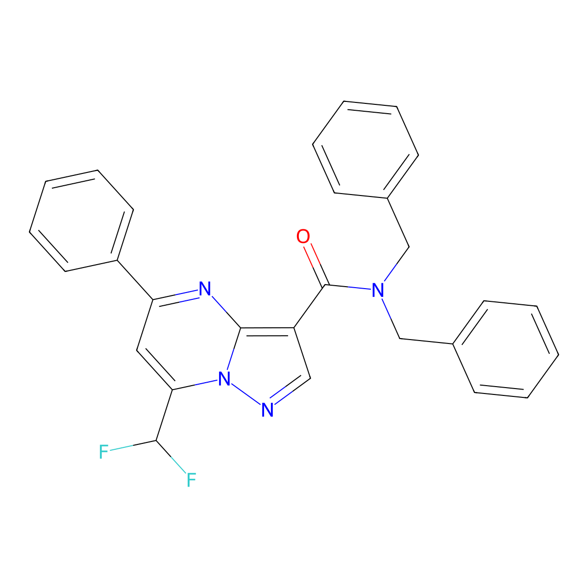 N,N-dibenzyl-7-(difluoromethyl)-5-phenylpyrazolo[1,5-a]pyrimidine-3-carboxamide molecular structure, CAS 445036-86-2